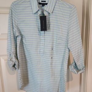 Tommy Hilfiger Women's Shirt - Light Blue With Green Stripes Nwt Size Xs🦚